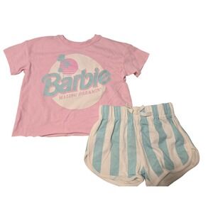 Barbie Malibu Dreamin Pink TShirt & Blue Stripe Shorts Kids Size‎ 4T Set